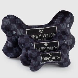 Large BLACK CHECKER CHEWY VUITON BONE SQUEAKER DOG TOY